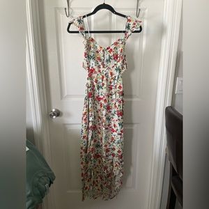 LuLu’s Floral Print Maxi Dress with Cutout Sides & Off The Shoulder Sleeve Cuffs